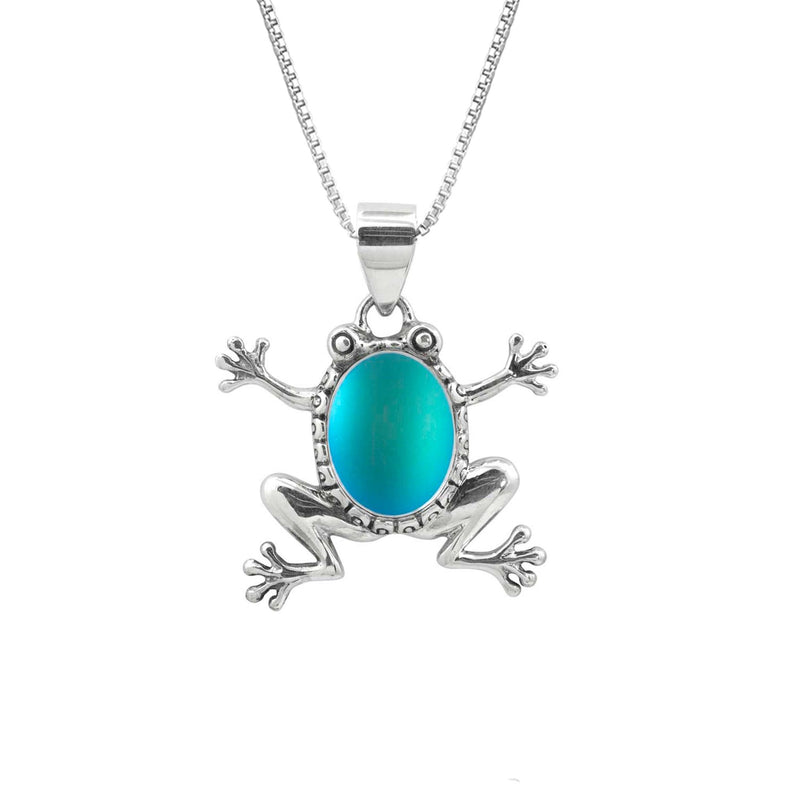 Handmade-Sterling Silver-Frog Pendant-Necklace Charm-Aqua-Frosted-Leightworks-Crystal Jewelry-David Leight