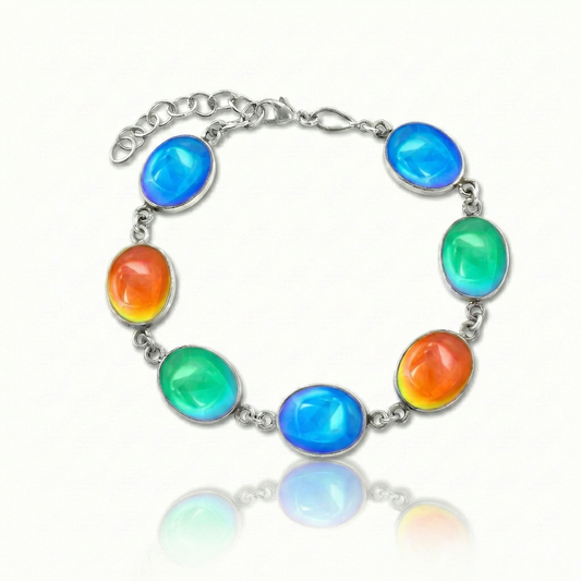 Polished multicolored gemstone bracelet, with sterling silver bezel components and adjustable links. 