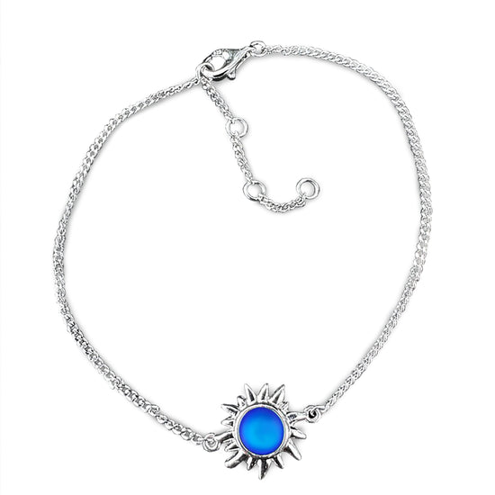 Sun Bracelet with frosted blue crystal crafted from high-quality sterling silver, it offers both durability and elegance. The bracelet comes with extensions, allowing for a customizable fit. 