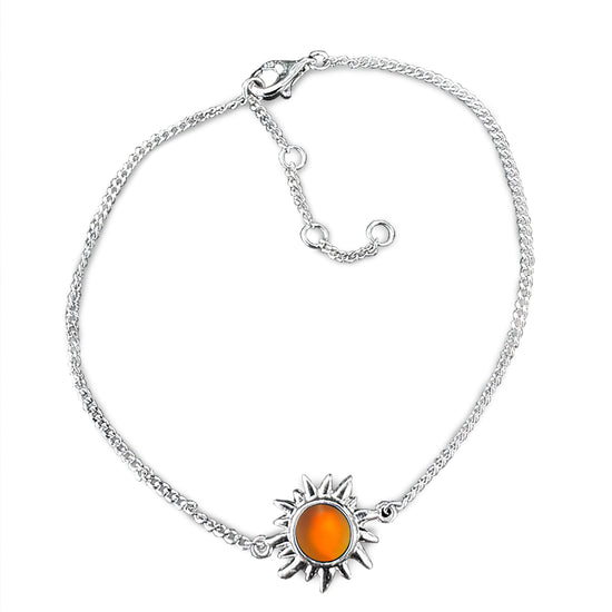 Sun Bracelet with frosted fire crystal crafted from high-quality sterling silver, it offers both durability and elegance. The bracelet comes with extensions, allowing for a customizable fit. 