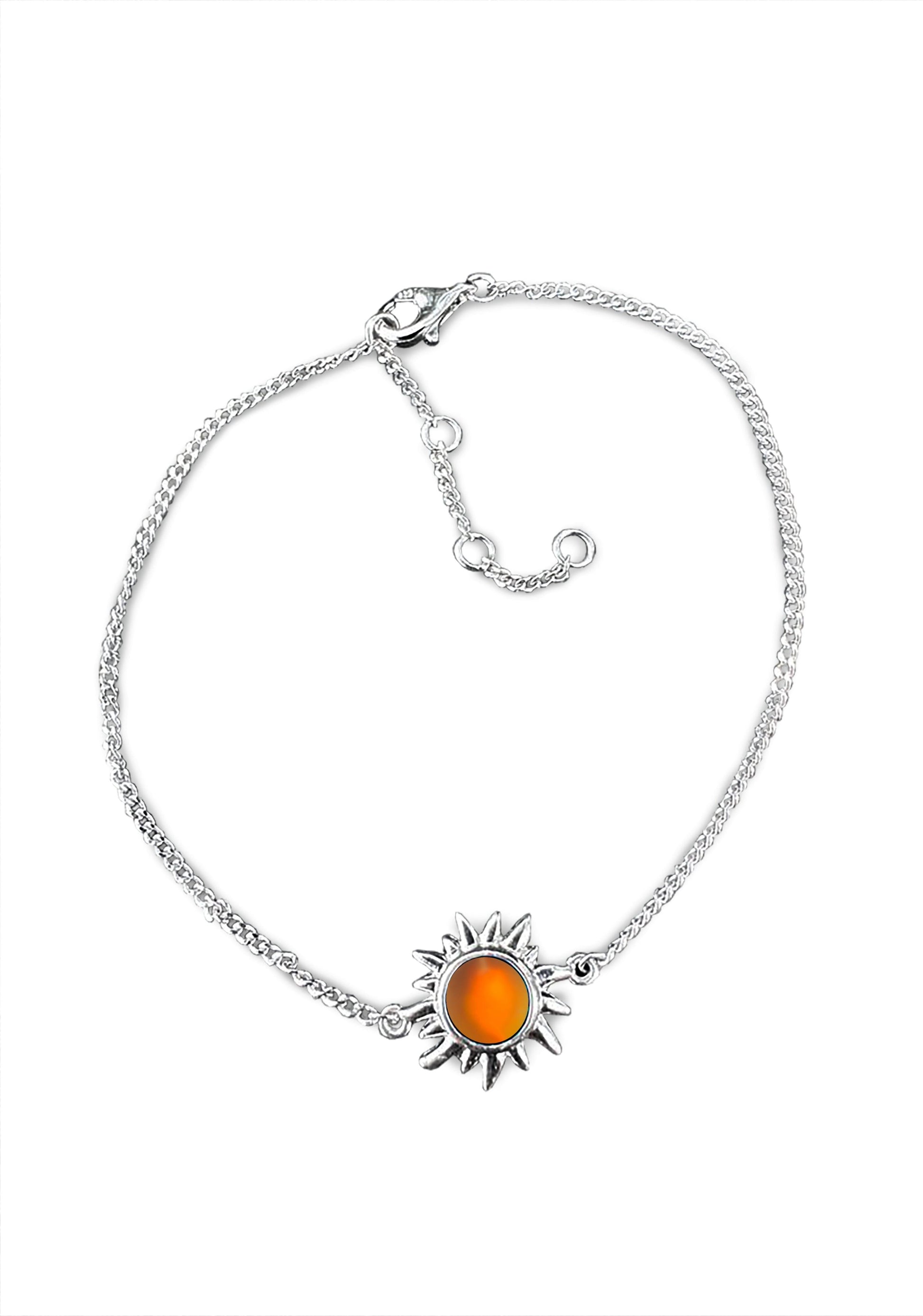 Sun Bracelet with frosted fire crystal crafted from high-quality sterling silver, it offers both durability and elegance. The bracelet comes with extensions, allowing for a customizable fit. 