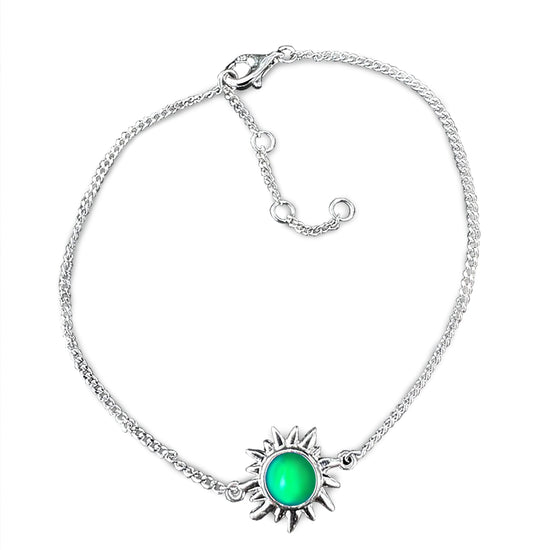 Sun Bracelet with frosted green crystal crafted from high-quality sterling silver, it offers both durability and elegance. The bracelet comes with extensions, allowing for a customizable fit. 