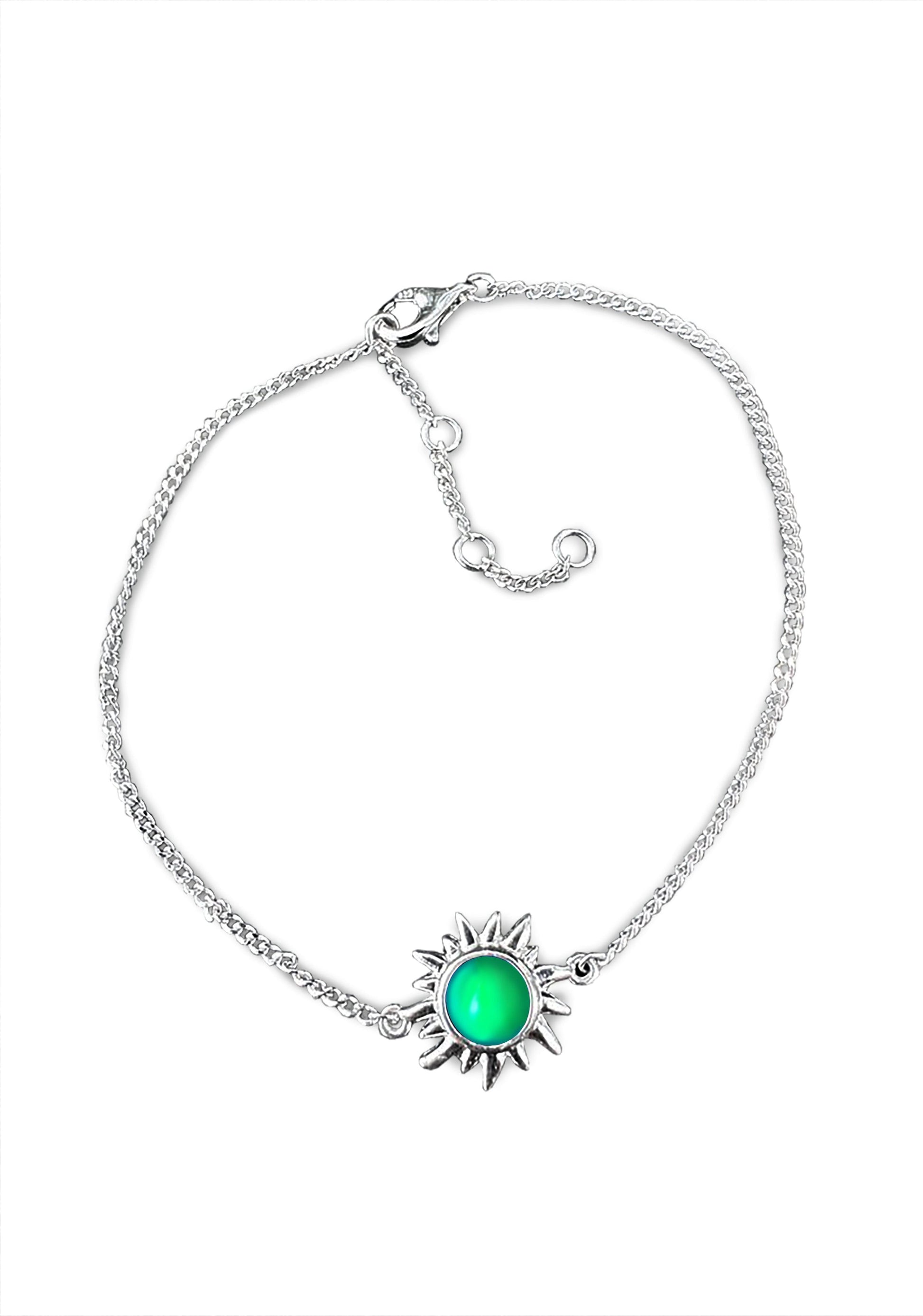 Sun Bracelet with frosted green crystal crafted from high-quality sterling silver, it offers both durability and elegance. The bracelet comes with extensions, allowing for a customizable fit. 