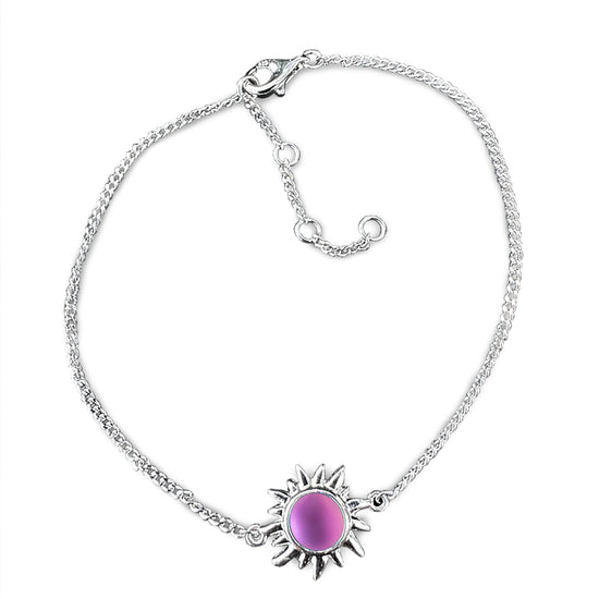 Sun Bracelet with frosted pink crystal crafted from high-quality sterling silver, it offers both durability and elegance. The bracelet comes with extensions, allowing for a customizable fit. 