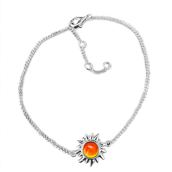 Sun Bracelet with polished fire crystal crafted from high-quality sterling silver, it offers both durability and elegance. The bracelet comes with extensions, allowing for a customizable fit. 
