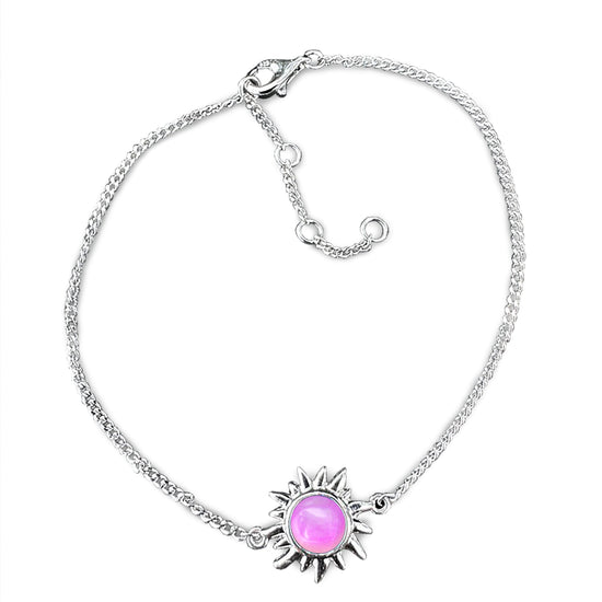 Sun Bracelet with polished pink crystal crafted from high-quality sterling silver, it offers both durability and elegance. The bracelet comes with extensions, allowing for a customizable fit. 