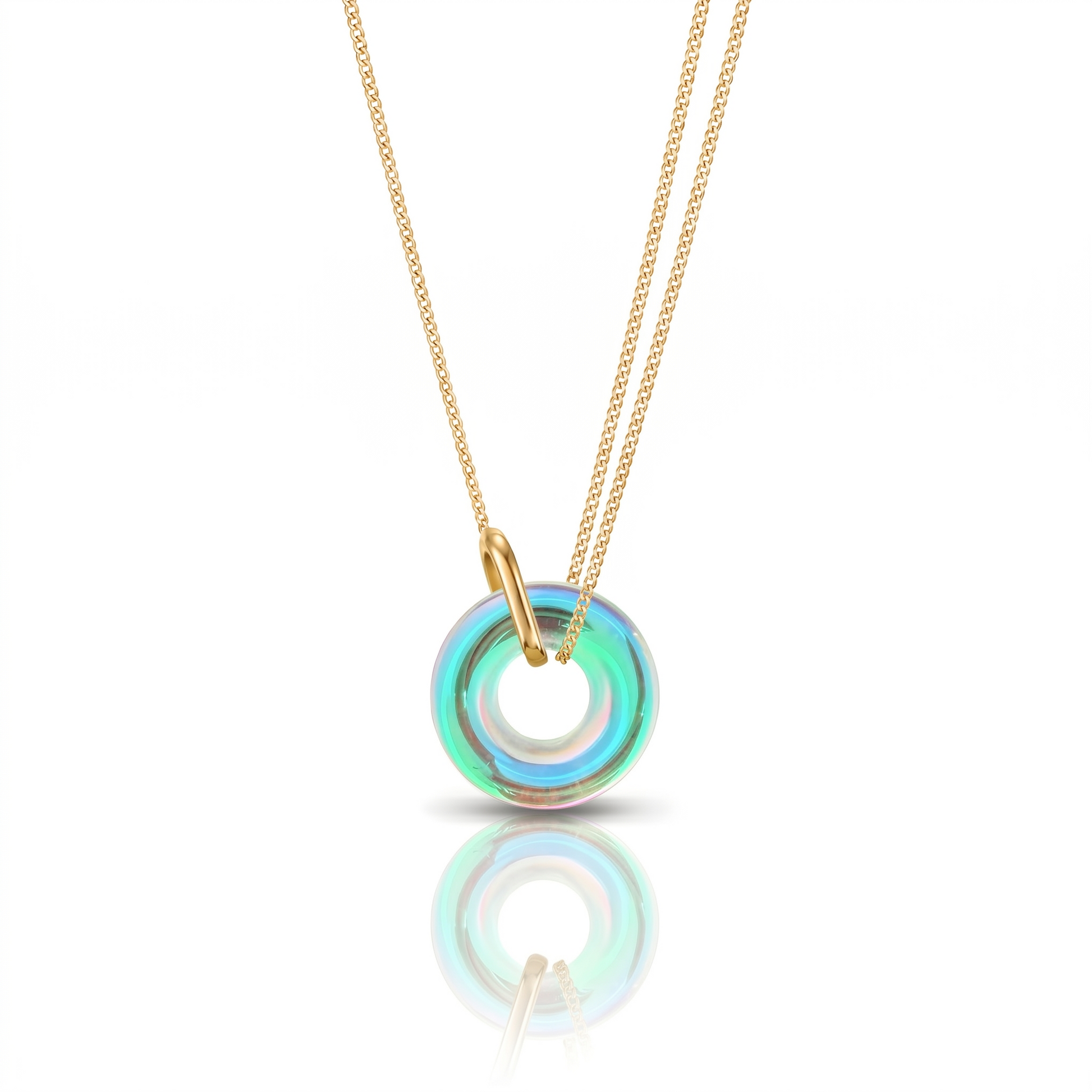Necklace with a green and blue pendant on a white background