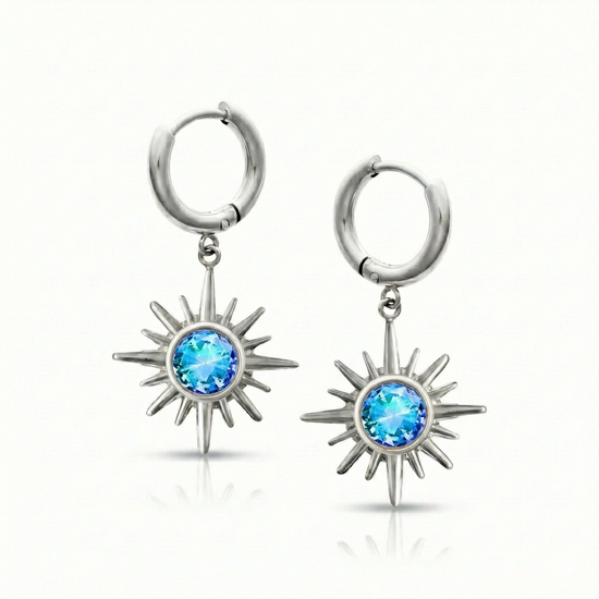 Silver hoop earrings with star-shaped blue gemstones.