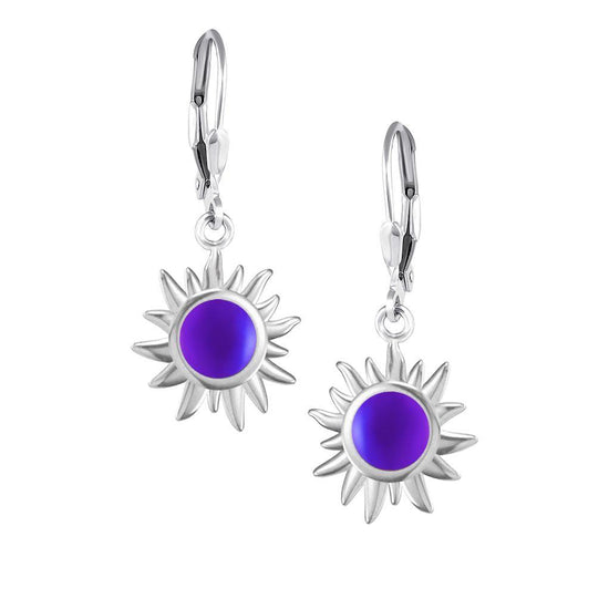 Teeny Sun Earrings are crafted from high-quality materials, ensuring both durability and style. Featuring 5mm frosted violet stones and secure sterling silver lever-backs plus, they are waterproof and durable.