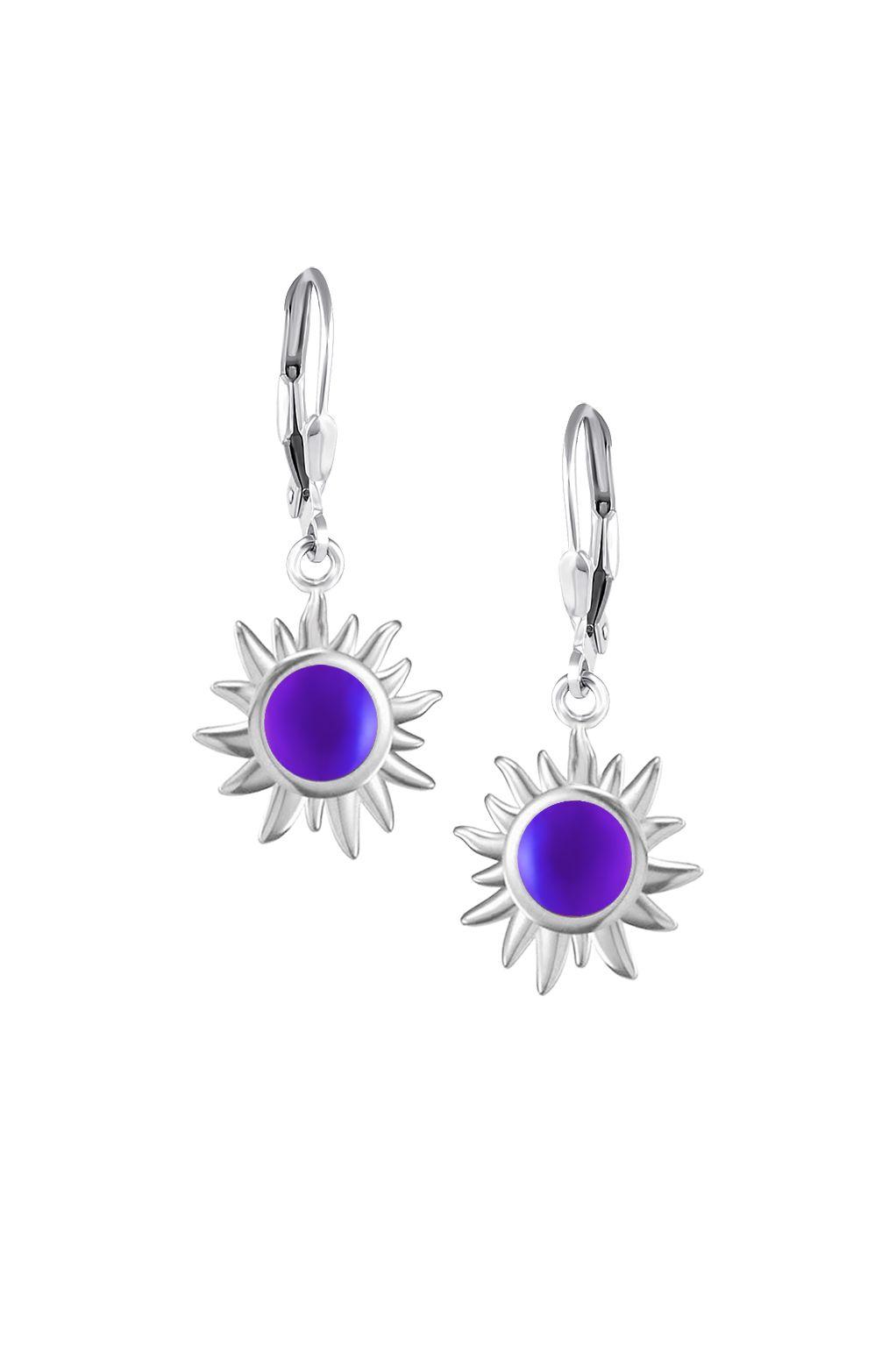 Teeny Sun Earrings are crafted from high-quality materials, ensuring both durability and style. Featuring 5mm frosted violet stones and secure sterling silver lever-backs plus, they are waterproof and durable.