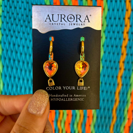 Aurora Crystal Jewelry gold hoop earrings with faceted orange crystal drop