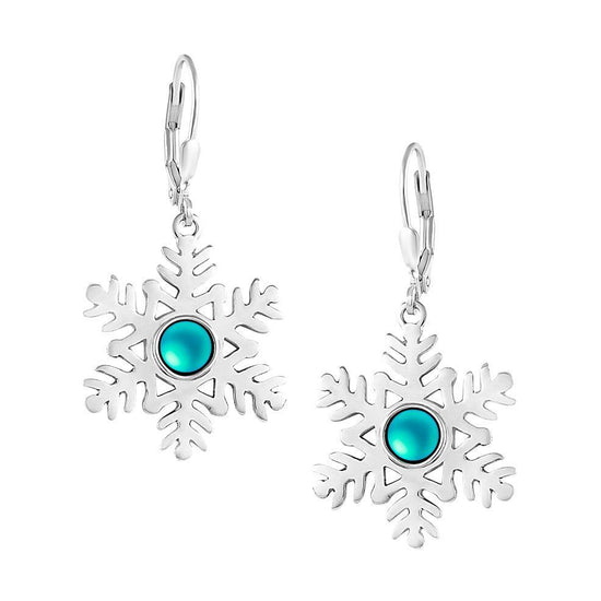 Snowflake Crystal Earrings crafted with high-quality materials, each earring features sparkling frosted aqua crystals in an elegant snowflake design. The sterling silver lever-back components ensure secure wear.