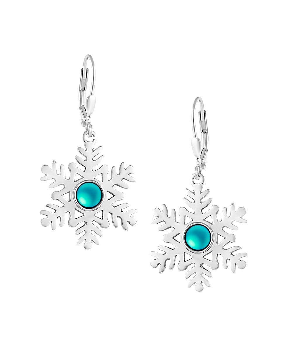 Snowflake Crystal Earrings crafted with high-quality materials, each earring features sparkling frosted aqua crystals in an elegant snowflake design. The sterling silver lever-back components ensure secure wear.