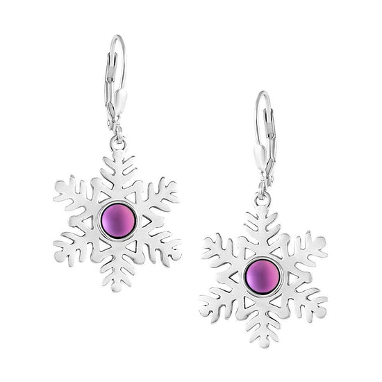 Snowflake Crystal Earrings crafted with high-quality materials, each earring features sparkling frosted pink crystals in an elegant snowflake design. The sterling silver lever-back components ensure secure wear.