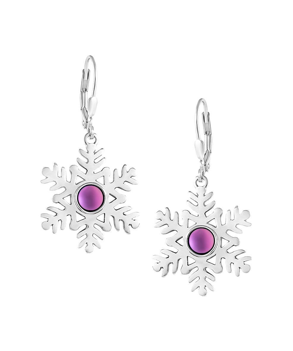 Snowflake Crystal Earrings crafted with high-quality materials, each earring features sparkling frosted pink crystals in an elegant snowflake design. The sterling silver lever-back components ensure secure wear.