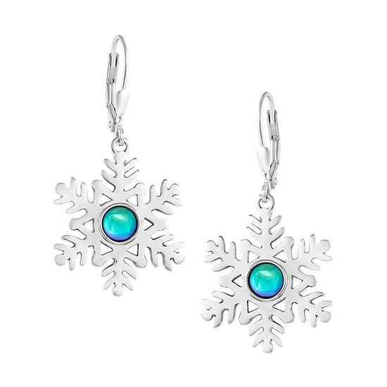 Snowflake Crystal Earrings crafted with high-quality materials, each earring features sparkling polished aqua crystals in an elegant snowflake design. The sterling silver lever-back components ensure secure wear.