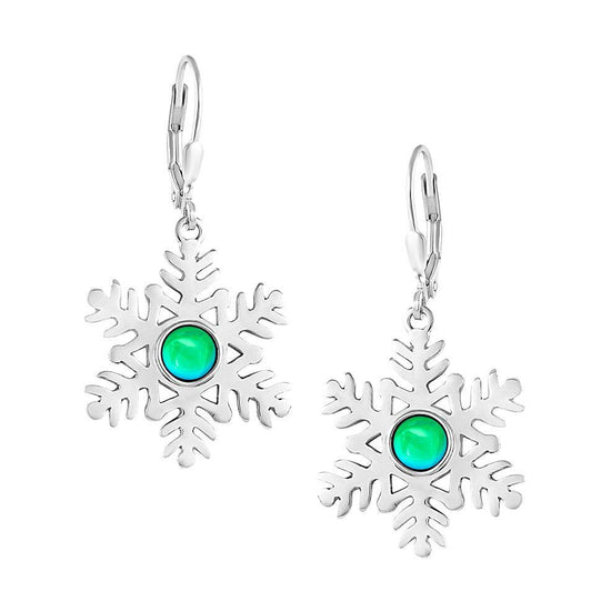 Snowflake Crystal Earrings crafted with high-quality materials, each earring features sparkling polished green crystals in an elegant snowflake design. The sterling silver lever-back components ensure secure wear.