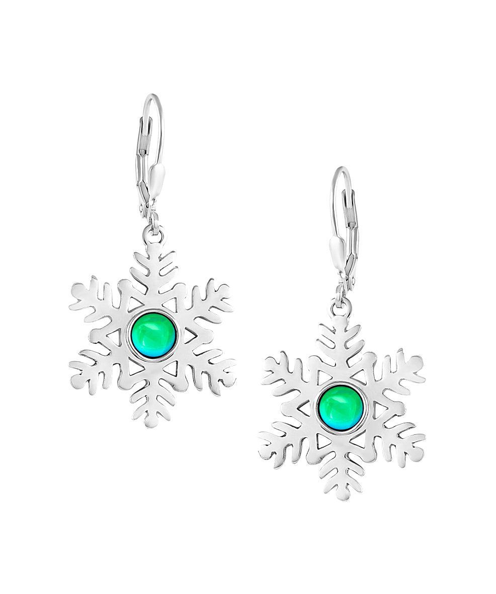 Snowflake Crystal Earrings crafted with high-quality materials, each earring features sparkling polished green crystals in an elegant snowflake design. The sterling silver lever-back components ensure secure wear.