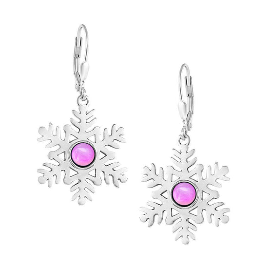 Snowflake Crystal Earrings crafted with high-quality materials, each earring features sparkling polished pink crystals in an elegant snowflake design. The sterling silver lever-back components ensure secure wear.