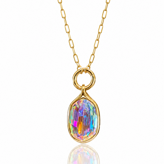 Gold necklace with a colorful teardrop pendant on a white background