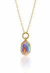 Gold necklace with a colorful teardrop pendant on a white background
