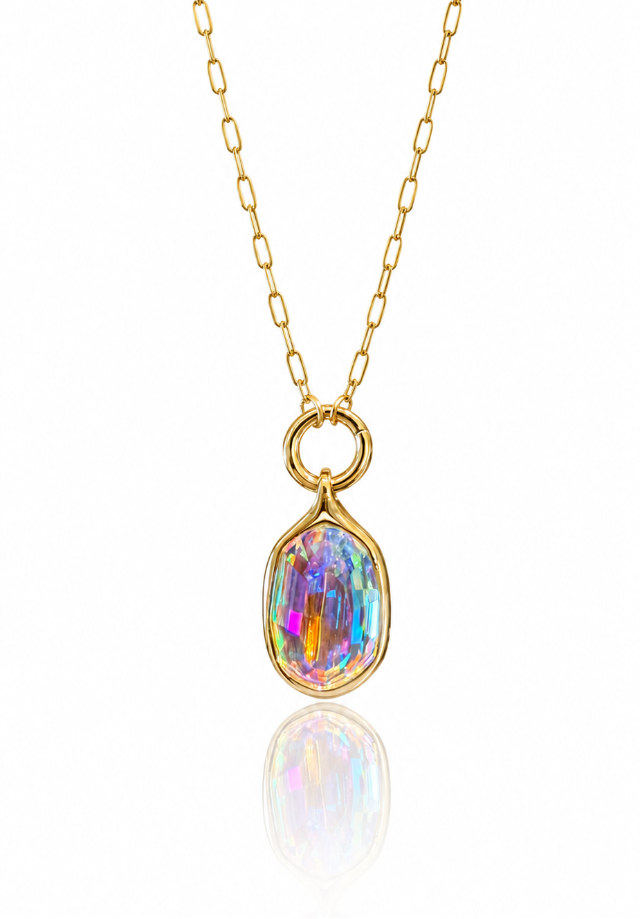 Gold necklace with a colorful teardrop pendant on a white background