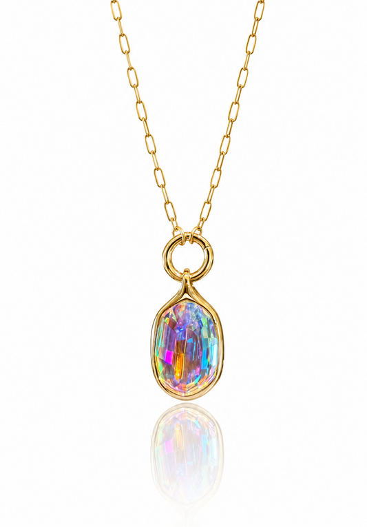 Gold necklace with a colorful teardrop pendant on a white background