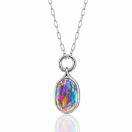 Multi Colored Necklace with a colorful pendant on a white background