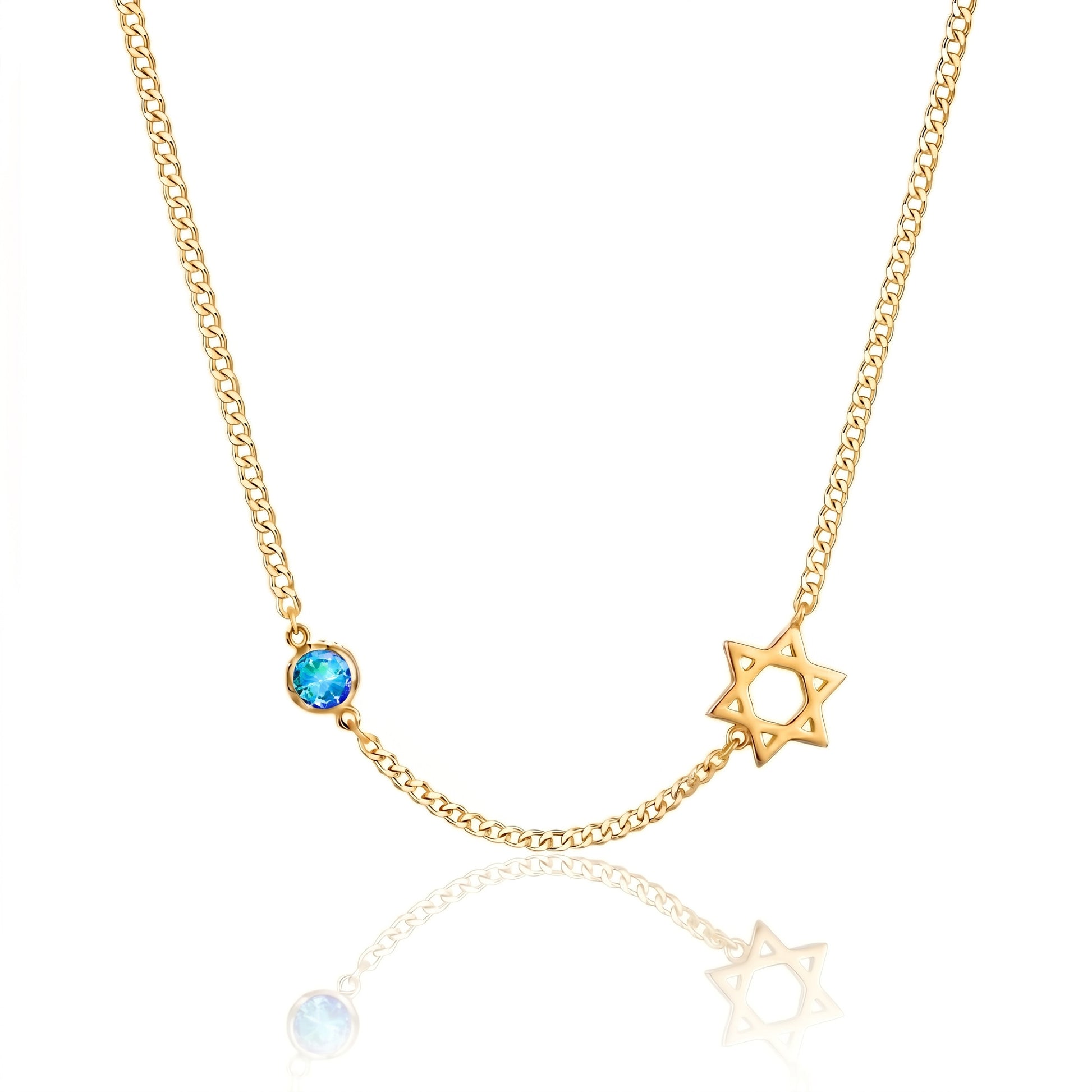Stainless Steel Star of David Necklace with Blue Crystal 