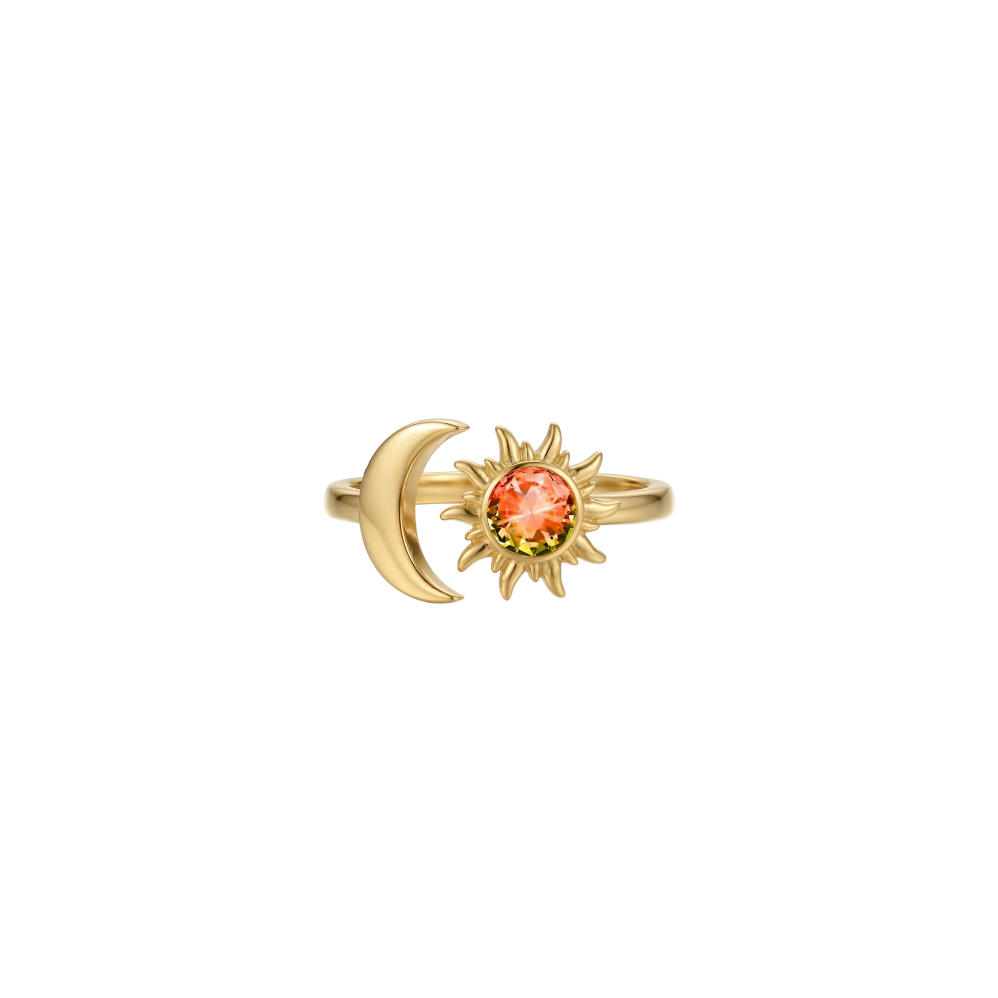 Gold ring with sun and moon design on a white background