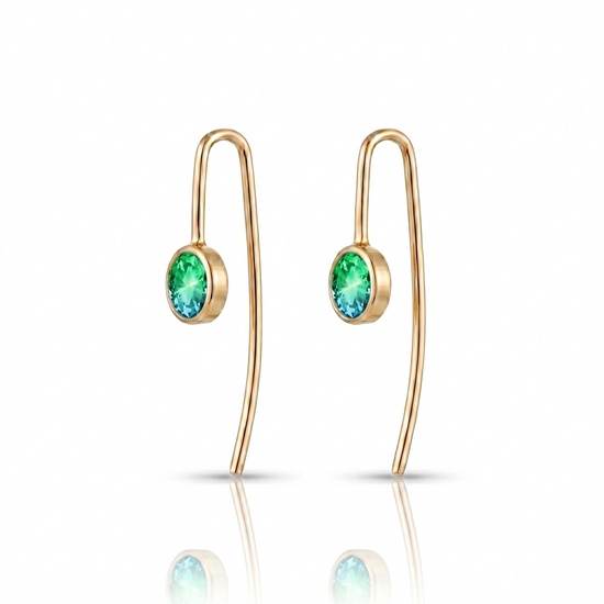 Gold earrings with green gemstones on a white background