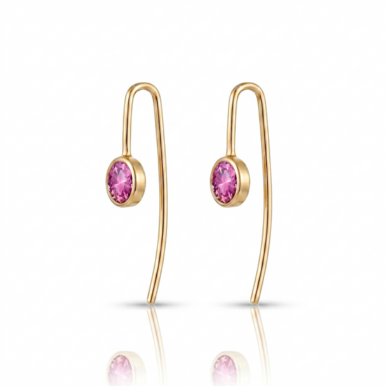 Gold earrings with pink gemstones on a white background