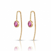 Gold earrings with pink gemstones on a white background