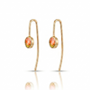 Gold earrings with colorful gemstones on a white background