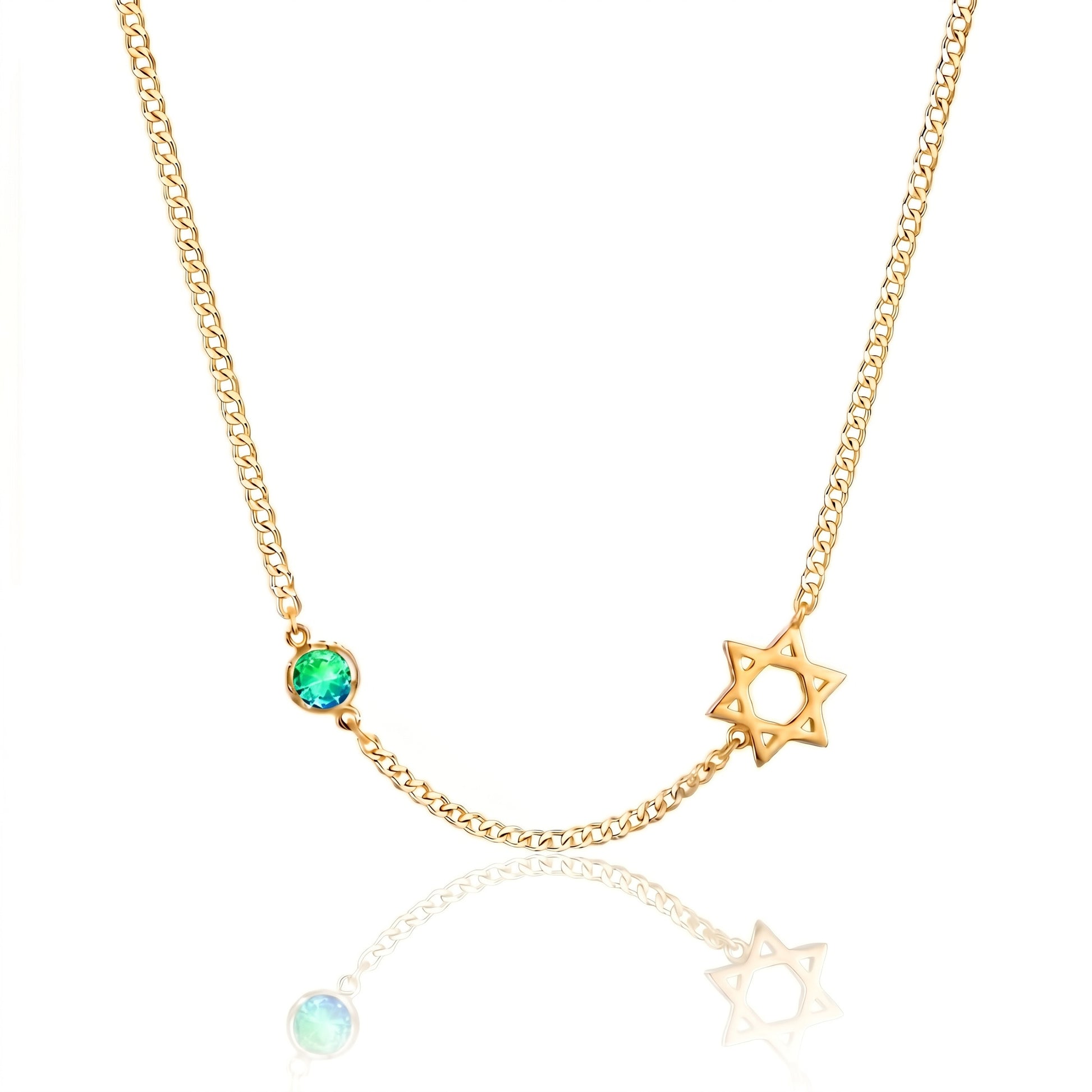 Gold necklace with a green gemstone and star-shaped pendant on a white background