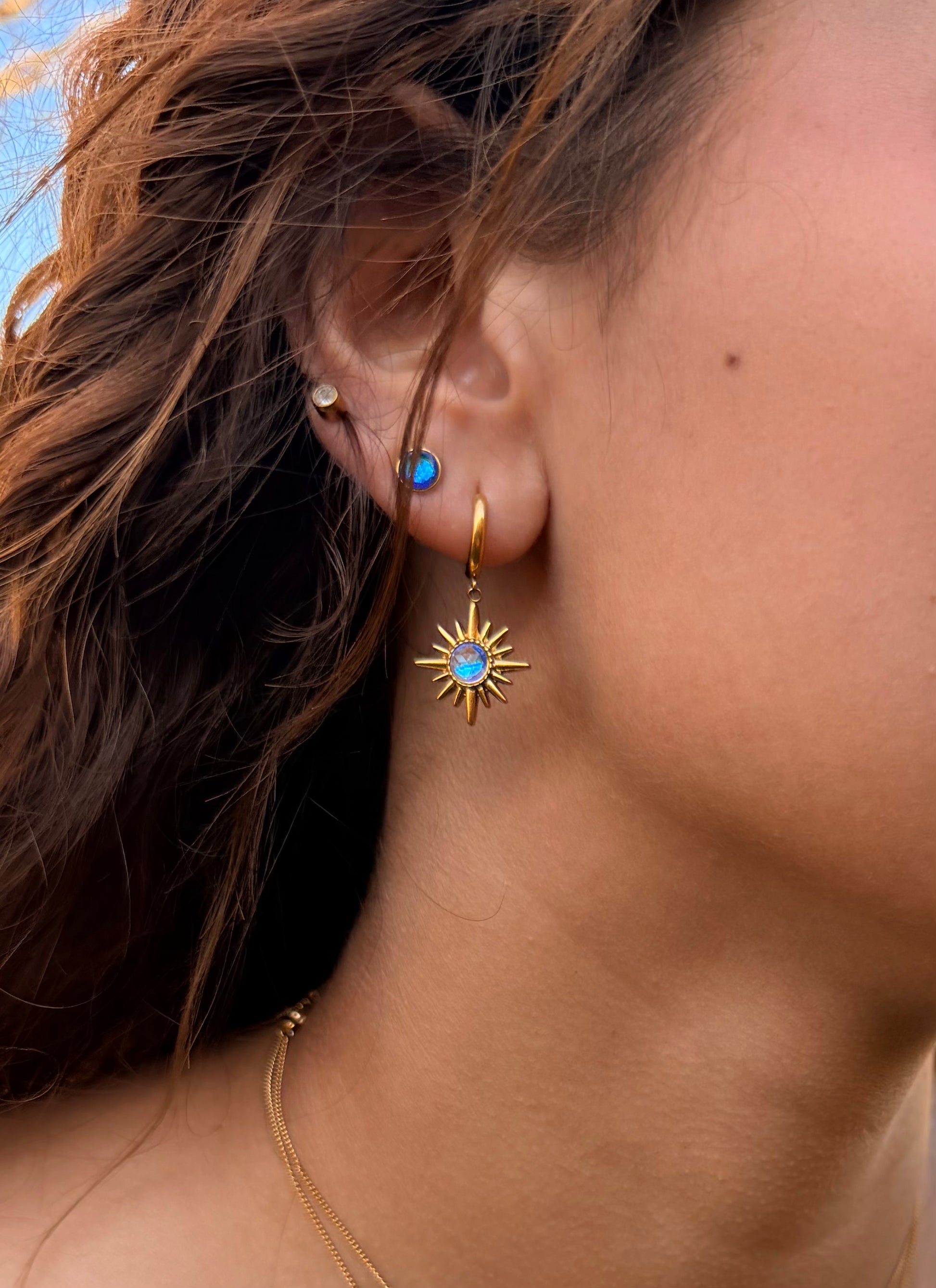 Close-up of a person wearing gold earrings with blue gemstones.