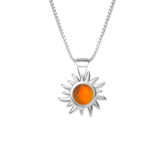 Teeny Sun Pendant Necklace crafted from high-quality .925 sterling silver, featuring a stunning 5mm frosted fire stone and it comes complete with an 18" sterling silver box chain.
