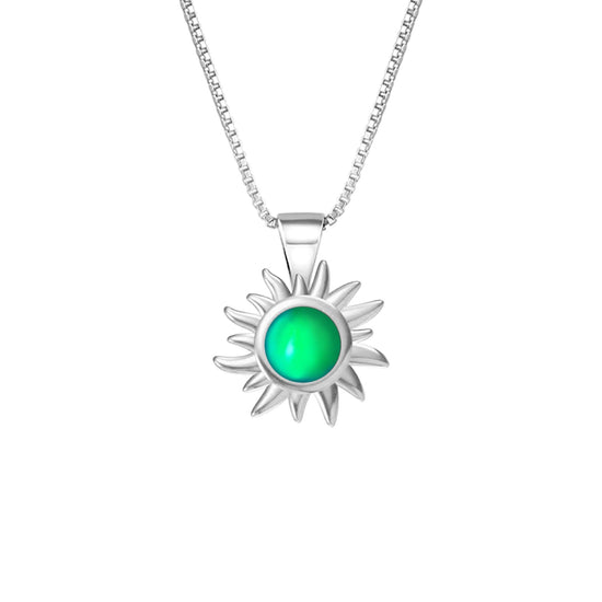 Teeny Sun Pendant Necklace crafted from high-quality .925 sterling silver, featuring a stunning 5mm frosted green stone and it comes complete with an 18" sterling silver box chain.