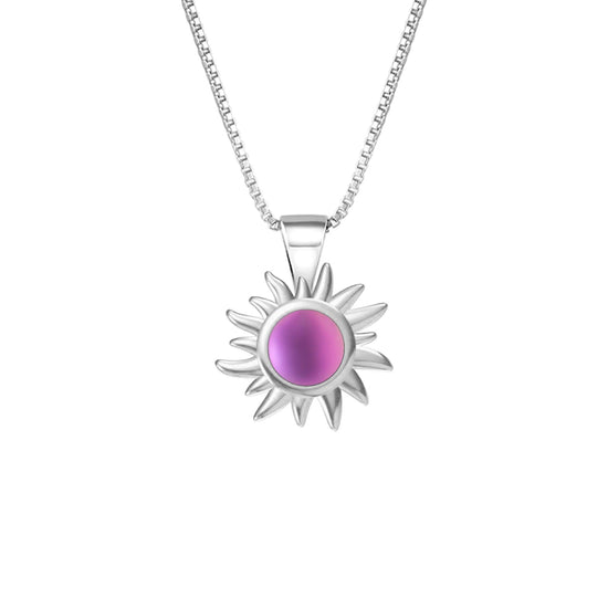 Teeny Sun Pendant Necklace crafted from high-quality .925 sterling silver, featuring a stunning 5mm frosted pink stone and it comes complete with an 18" sterling silver box chain.
