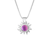 Teeny Sun Pendant Necklace crafted from high-quality .925 sterling silver, featuring a stunning 5mm frosted pink stone and it comes complete with an 18" sterling silver box chain.