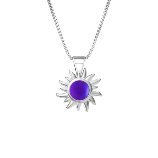 Teeny Sun Pendant Necklace crafted from high-quality .925 sterling silver, featuring a stunning 5mm frosted violet stone and it comes complete with an 18" sterling silver box chain.