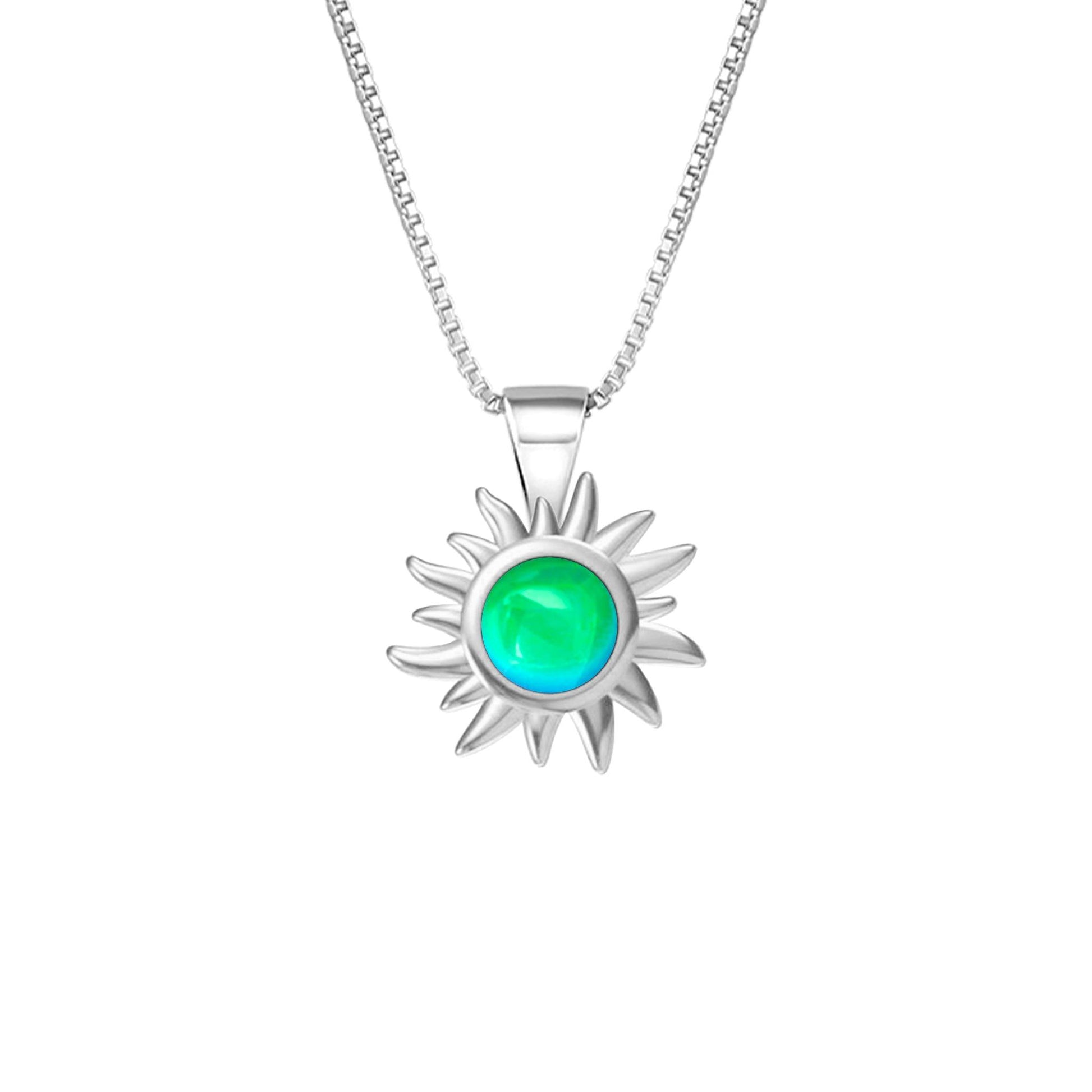 Teeny Sun Pendant Necklace crafted from high-quality .925 sterling silver, featuring a stunning 5mm polished green stone and it comes complete with an 18" sterling silver box chain.