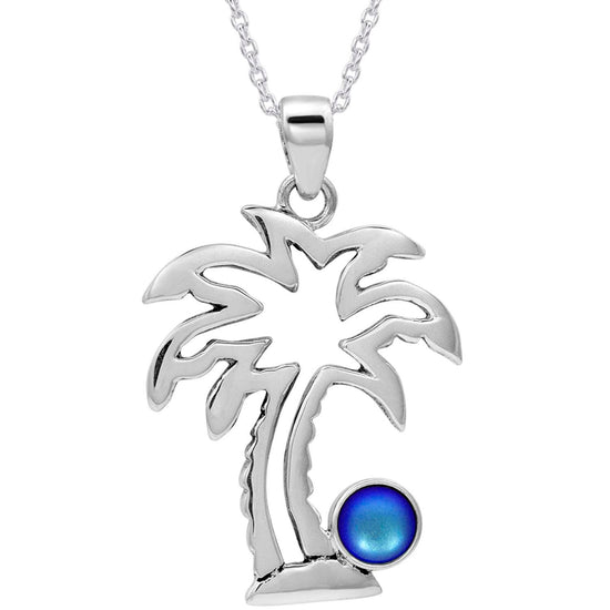 Crystal Palm Tree Pendant symbolize sunny skies and relaxing vacations. The frosted blue pendant comes with an 18" sterling silver .7mm box chain included.