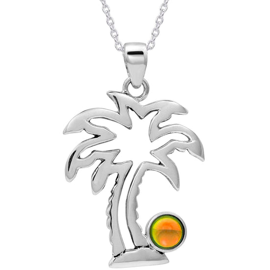 Crystal Palm Tree Pendant symbolize sunny skies and relaxing vacations. The polished fire pendant comes with an 18" sterling silver .7mm box chain included.