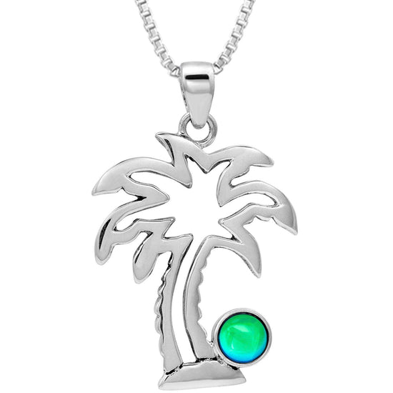 Crystal Palm Tree Pendant symbolizes sunny skies and relaxing vacations. The polished green pendant comes with an 18" sterling silver .7mm box chain included.
