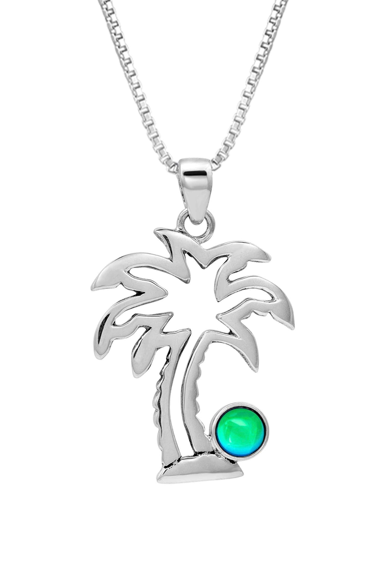 Crystal Palm Tree Pendant symbolizes sunny skies and relaxing vacations. The polished green pendant comes with an 18" sterling silver .7mm box chain included.