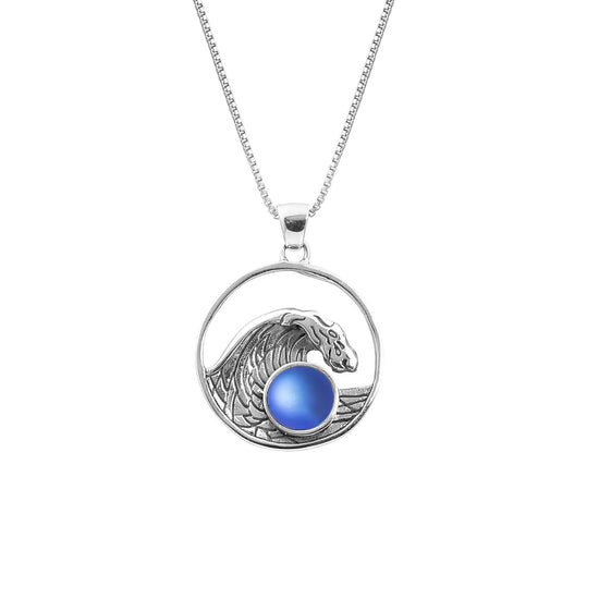 Swell Pendant are crafted in 18" sterling silver .7mm box chain wave pendant with round frosted blue crystal.
