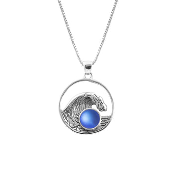 Swell Pendant are crafted in 18" sterling silver .7mm box chain wave pendant with round frosted blue crystal.