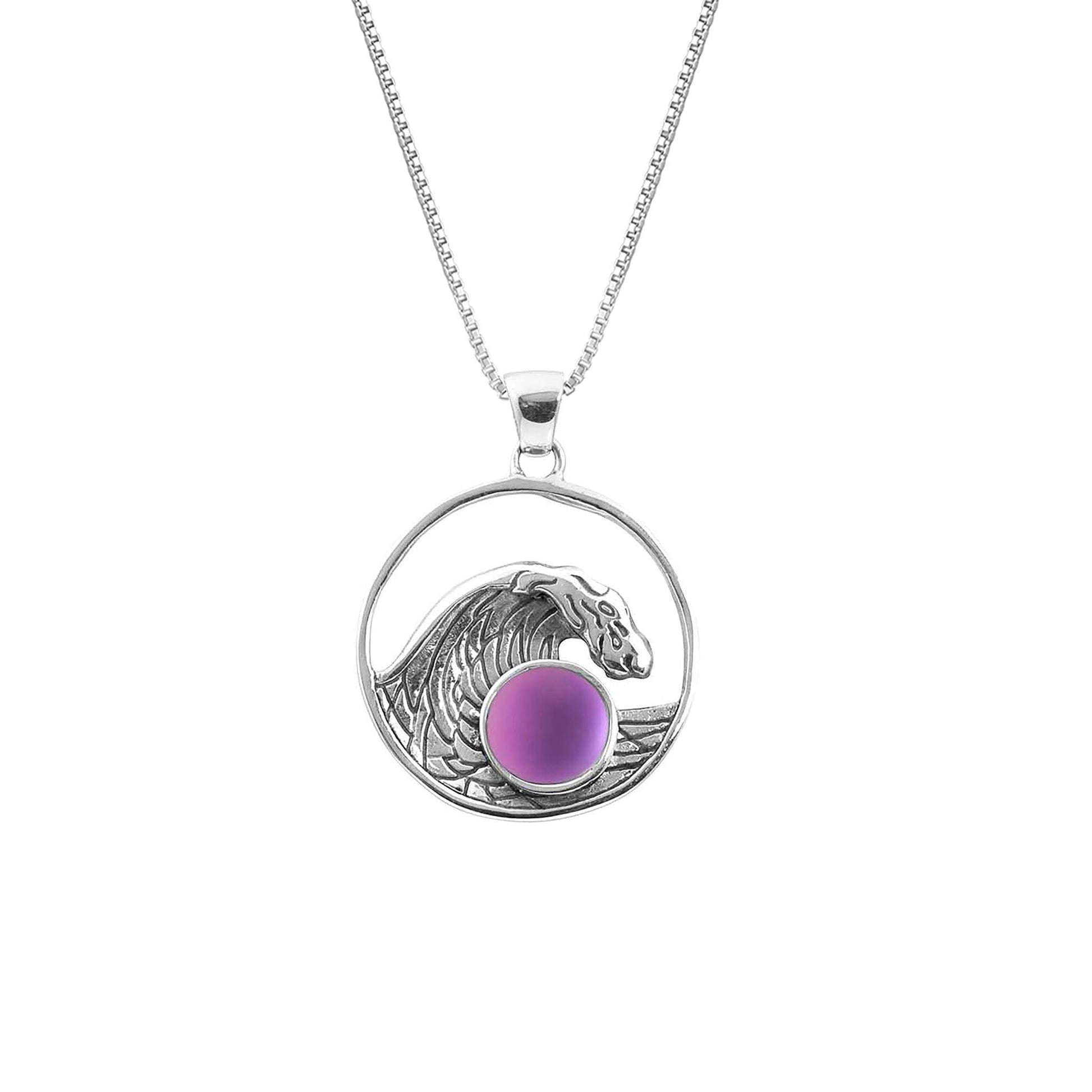 Swell Pendant are crafted in 18" sterling silver .7mm box chain wave pendant with round frosted pink crystal.