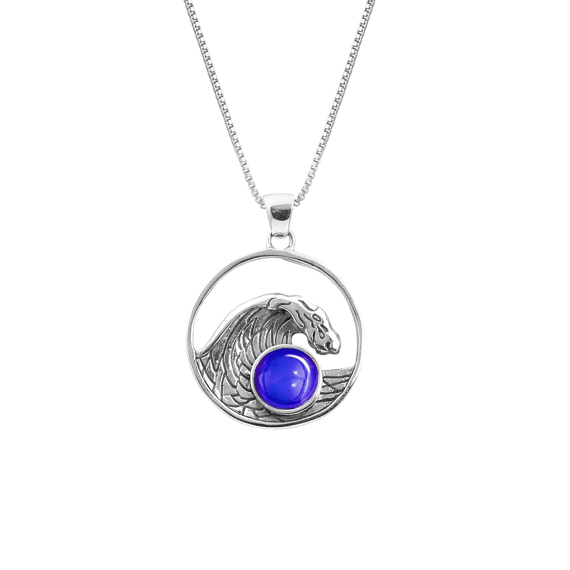 Swell Pendant are crafted in 18" sterling silver .7mm box chain wave pendant with round frosted violet crystal.